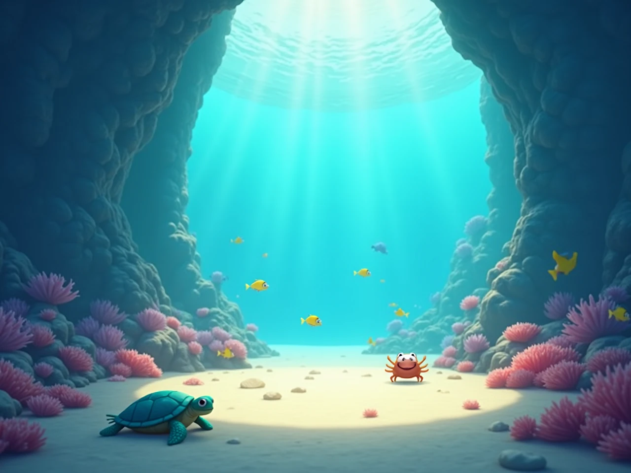 Fish, a turtle, and a crab exploring the reef