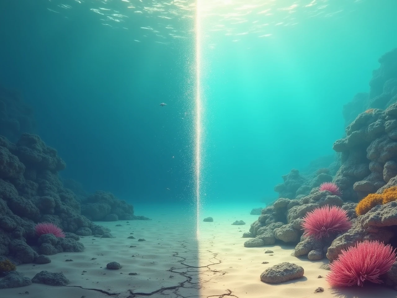 Split view of a damaged reef zone restored to life