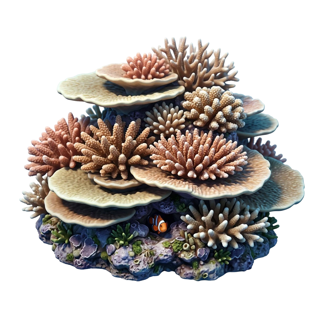 Glowing coral cluster with tropical fish